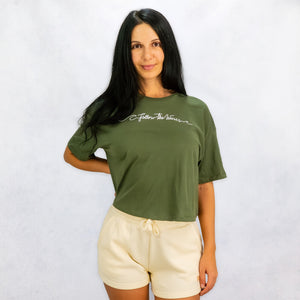 Follow the Waves Womens Cropped T-Shirt - Military Green