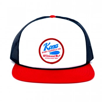 Oil Can Mens Trucker Hat in White/Navy/Red